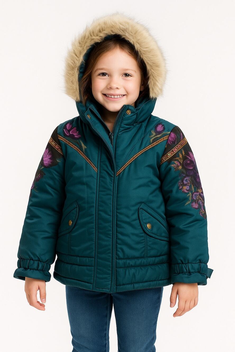 Teal Floral Embroidered Hooded Winter Coat Big Chill Girls Size M